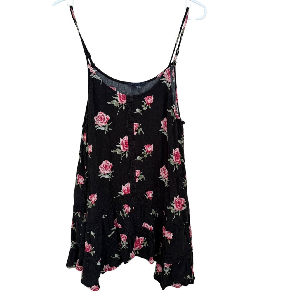 American Eagle Floral Lace Cami L Tiered Ruffle Asymmetric Hem Y2K Boho Coquette